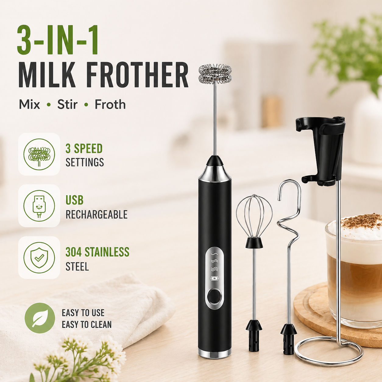 USB Rechargeable Milk Frother Handheld Coffee Foam Maker 3 Speed Electric Whisk