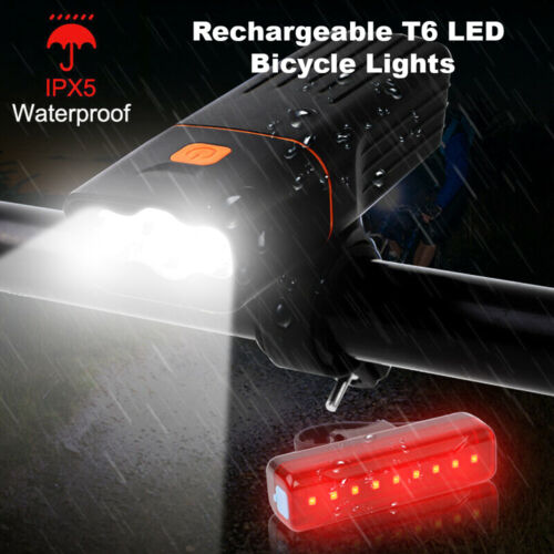 Rechargeable T6 LED Bicycle Bike Lights USB Front Rear Headlight Tail Light Set