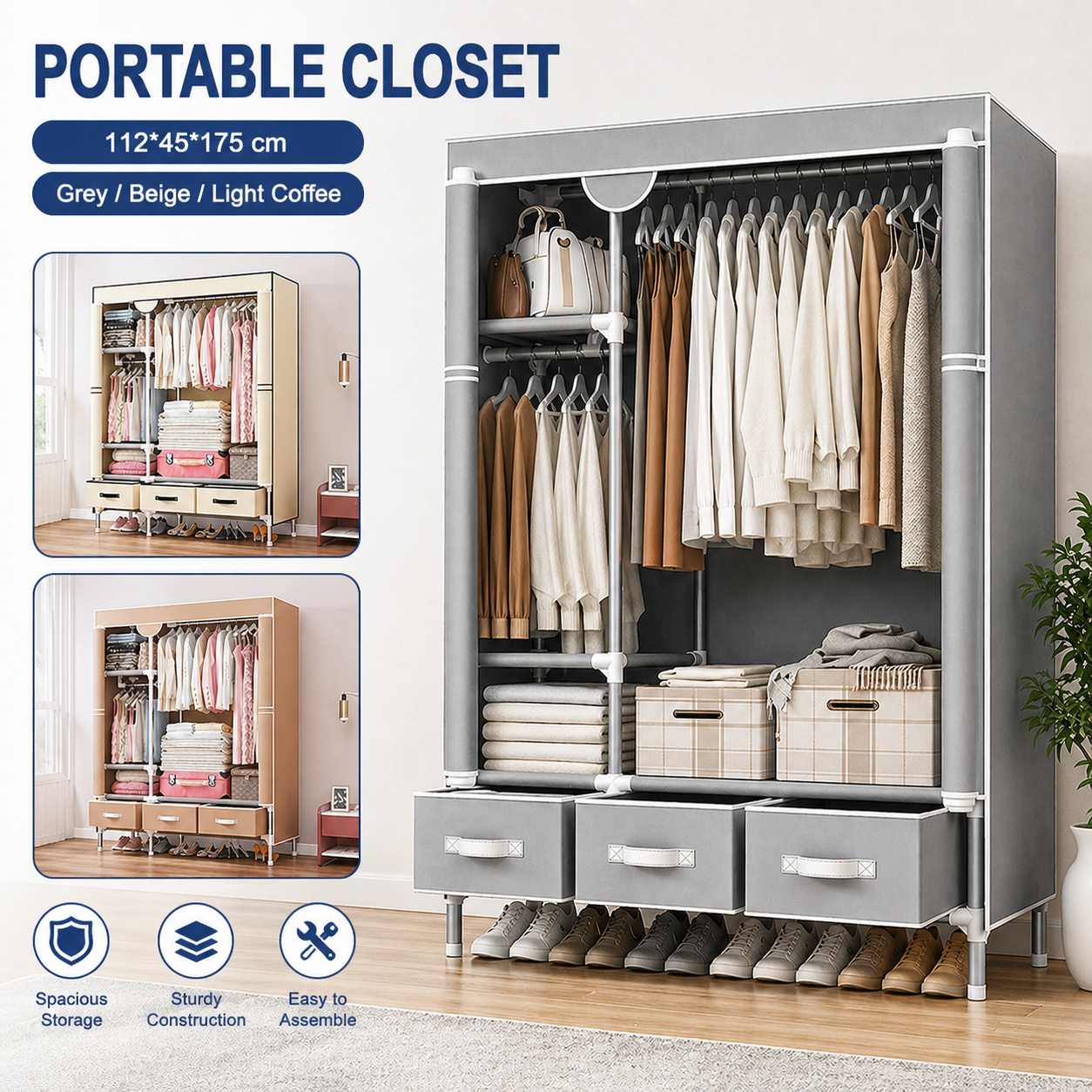 Rolling Door Wardrobe with Hanging Rack Non-woven Fabric Storage Organizer
