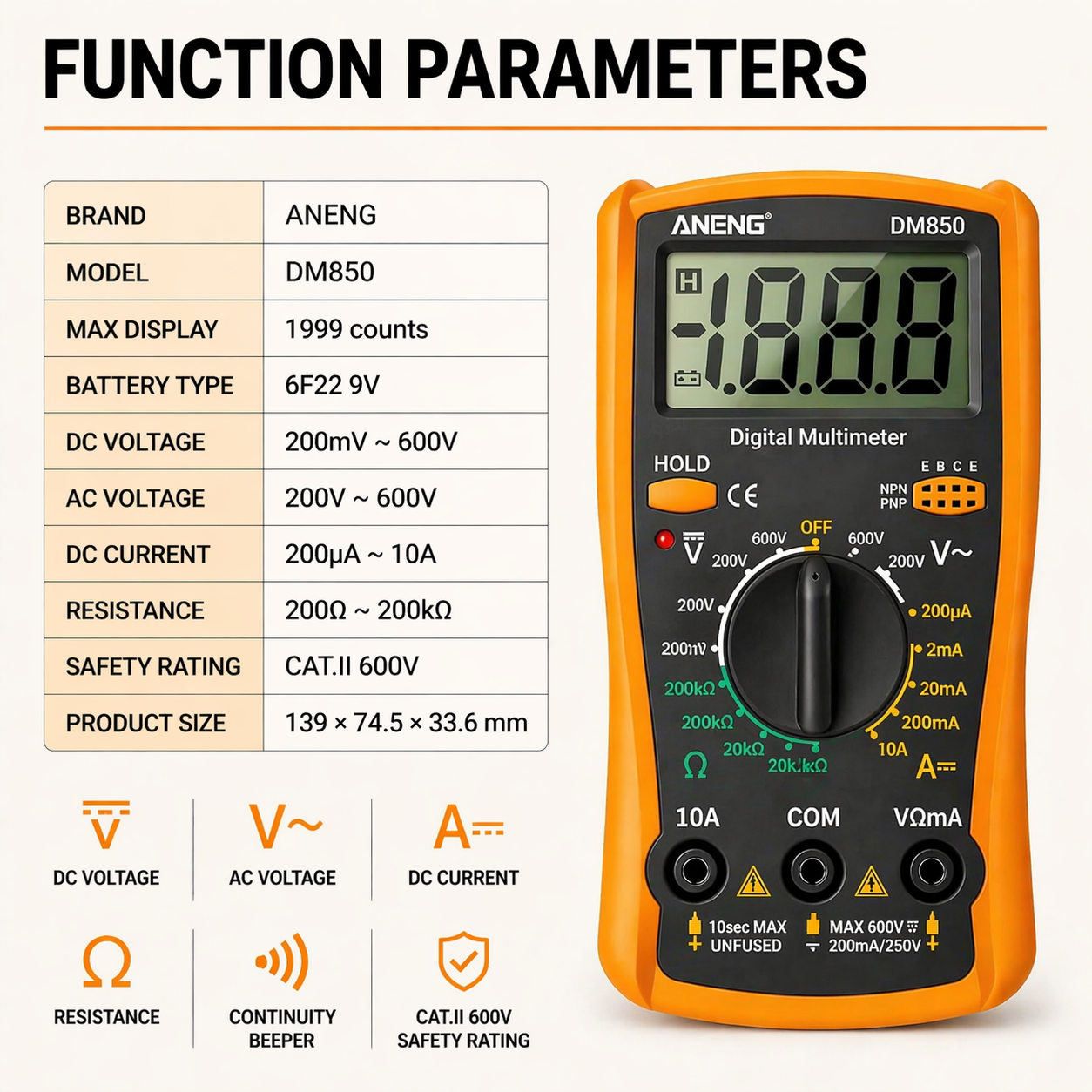 LCD Digital Multimeter Ammeter Voltmeter Ohmmeter AC DC Tester Leads Meter