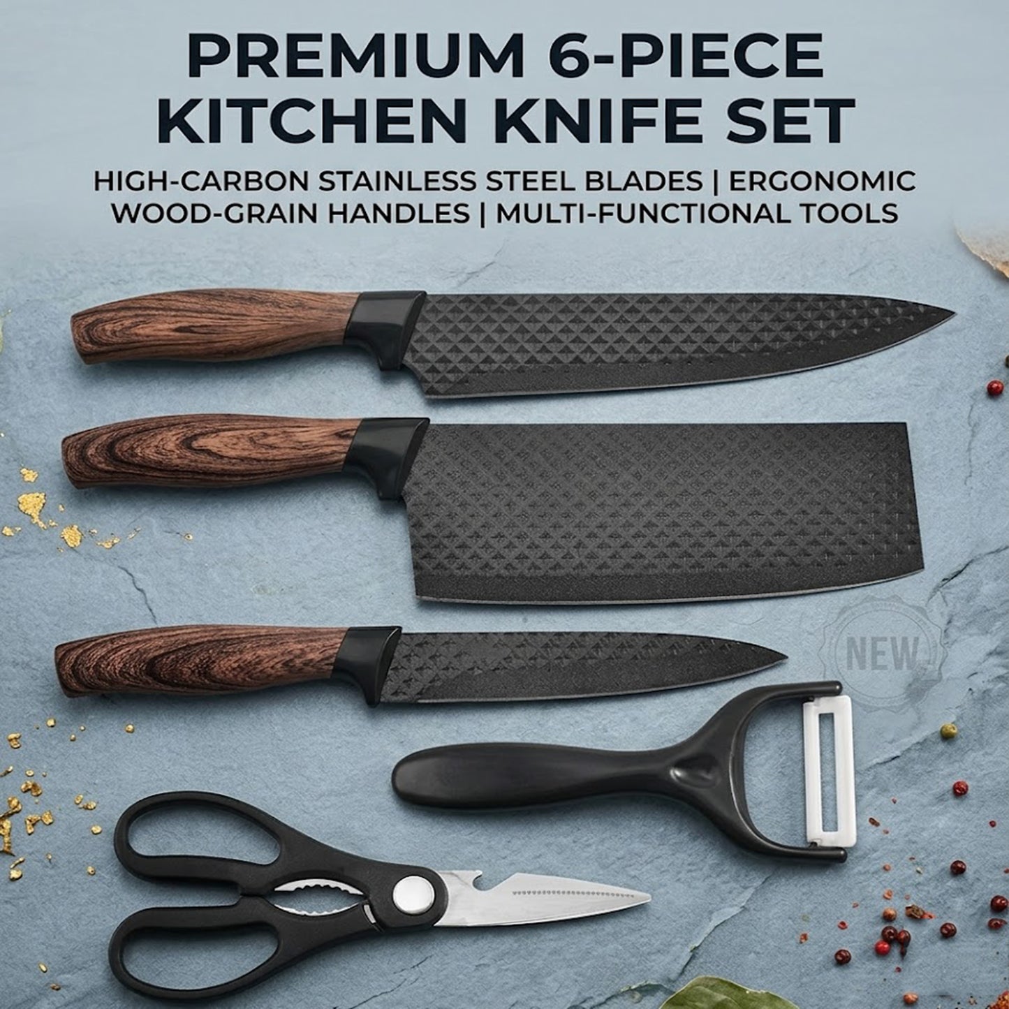 6 Pcs Kitchen Knife Set – High Carbon Steel, Ergonomic Handles, Cleaver & Shears