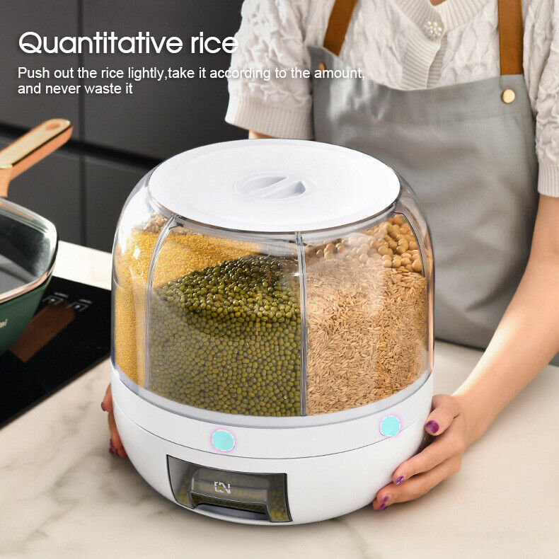 6 in 1 Rotating Grain Container Cereal Dispenser 10kg Dry Food Rice Storage Box