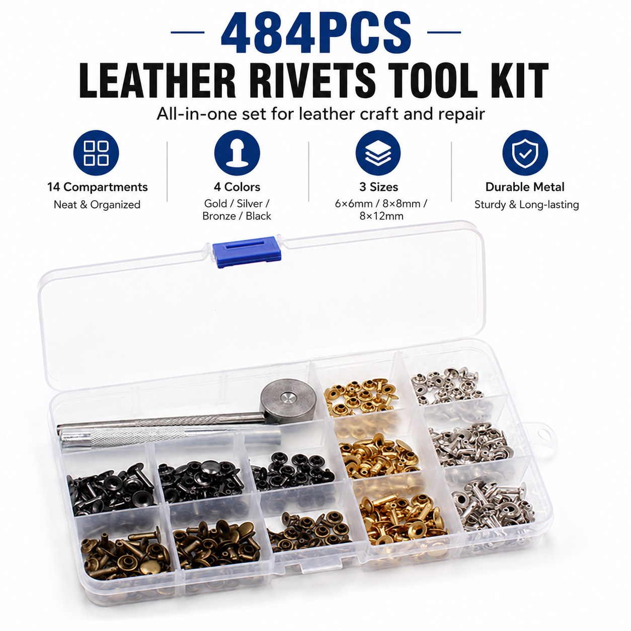 484PCS Double Cap Leather Rivet Kit Metal Studs Punch Tool Set DIY