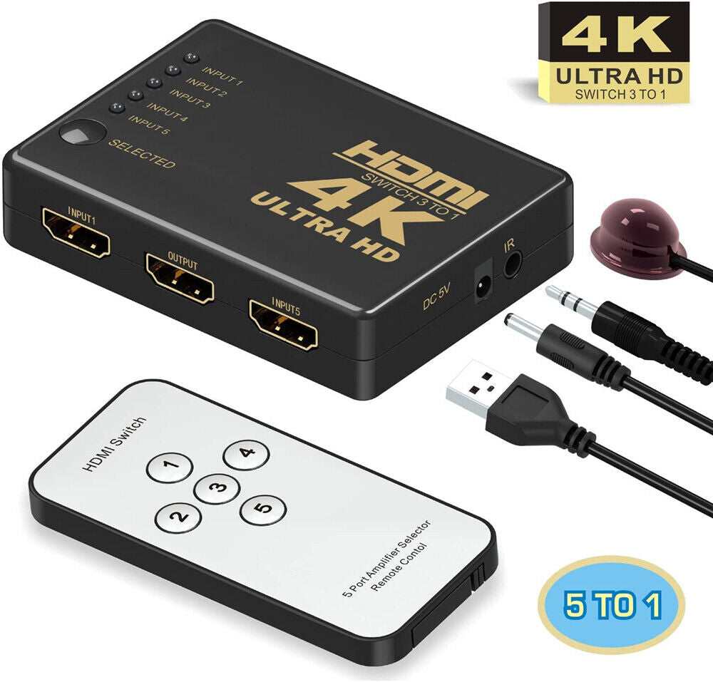 4K Ultra HD HDMI Switch Splitter HDTV Auto 5 Port IN 1 OUT Remote Control 1080P