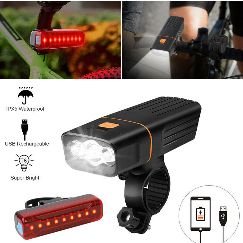 Rechargeable T6 LED Bicycle Bike Lights USB Front Rear Headlight Tail Light Set