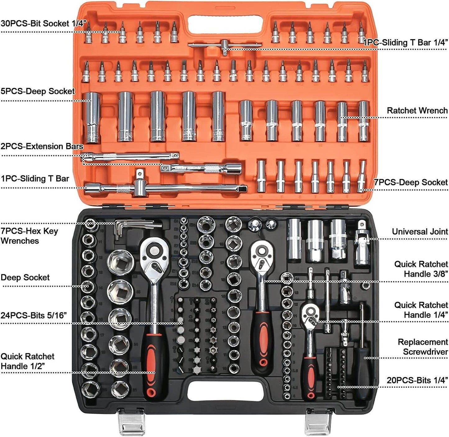 Ratchet Spanner Socket Set 1/2" 1/4" 3/8" Tool Kit Wrench Toolbox 172 Pcs