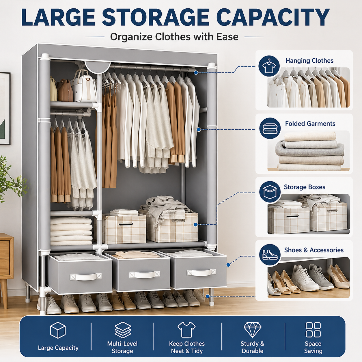 Rolling Door Wardrobe with Hanging Rack Non-woven Fabric Storage Organizer