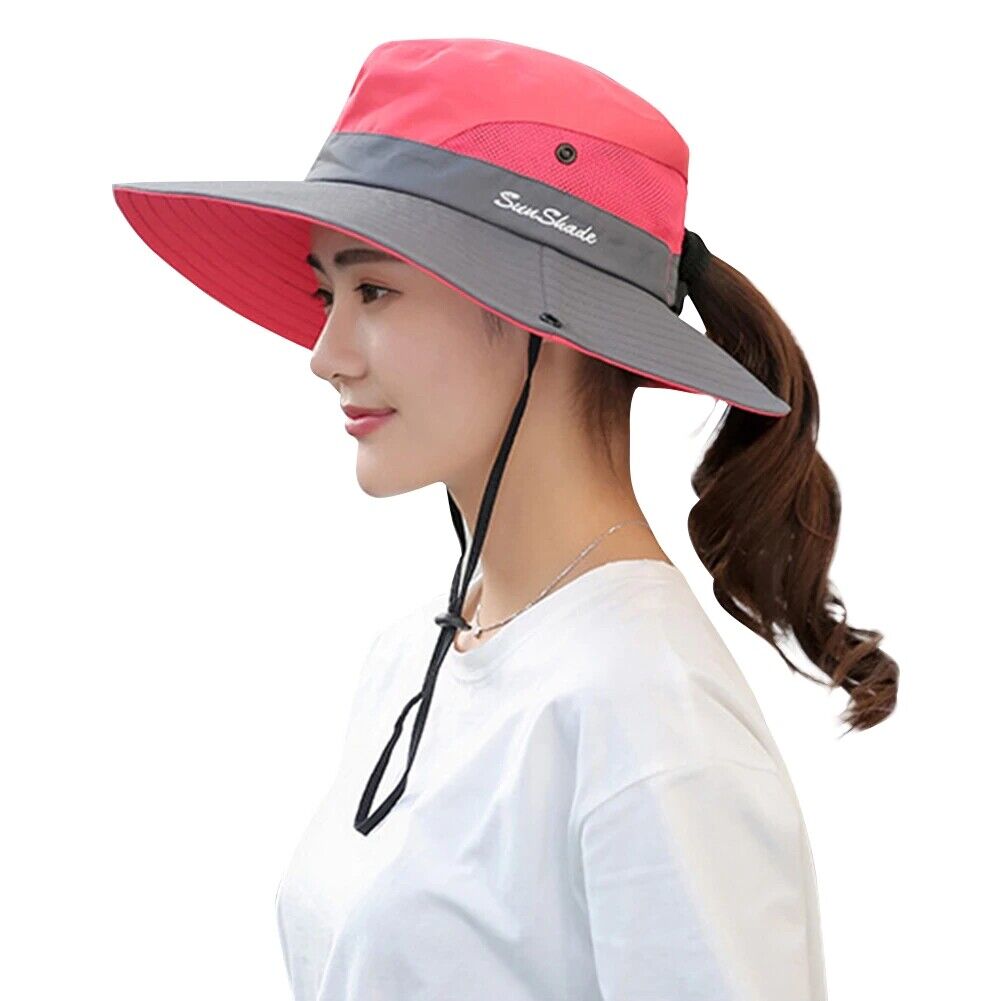 Women Wide Brim Ponytail Hat Sun Protect Visor Summer Beach Floppy Cap Anti UV