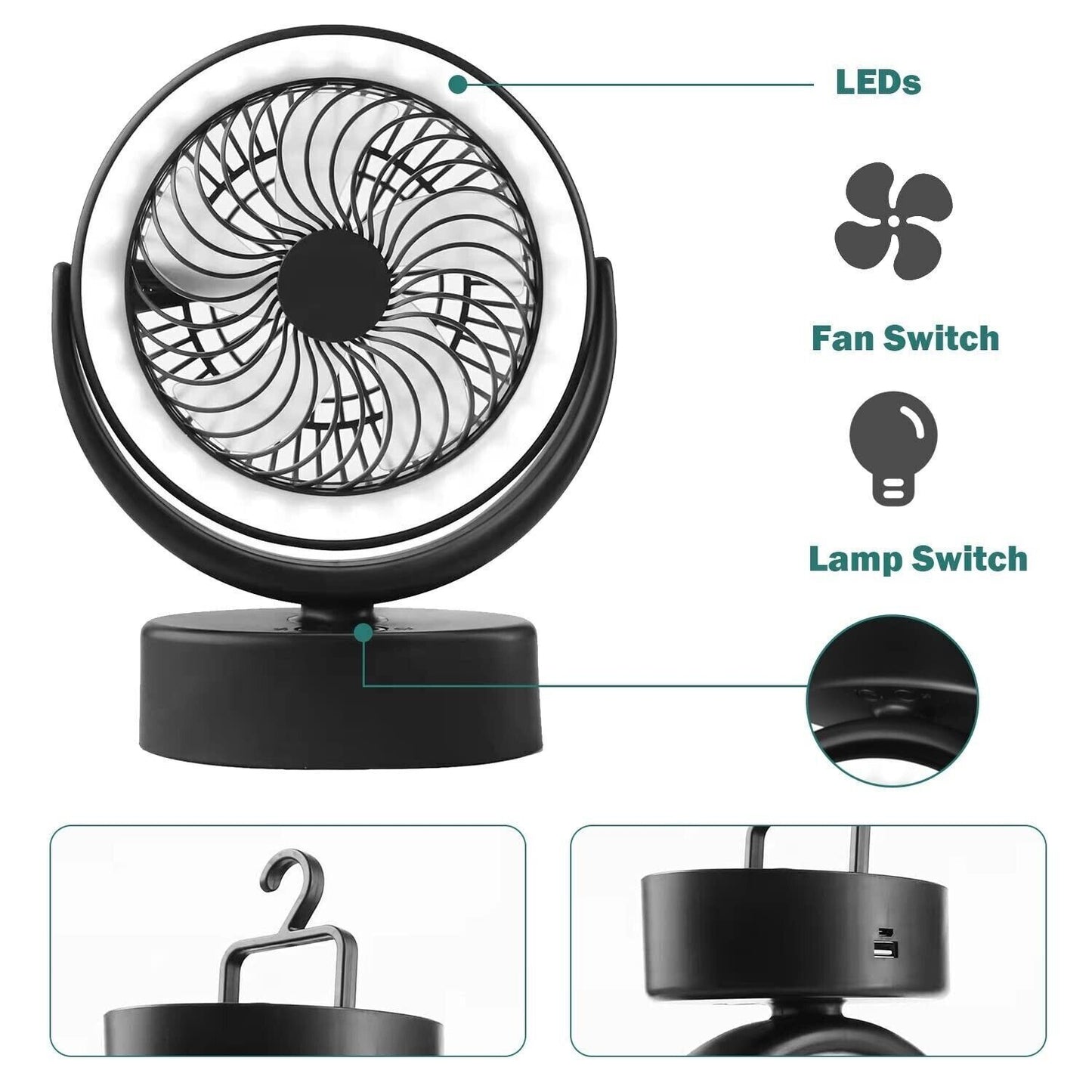 Portable 360° Mini Fan Travel Rechargeable USB Clip On Desk Fan With Light Au