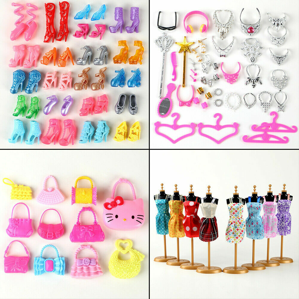 70pcs Items For Barbie Doll Jewellery Clothes Set Accessories Dresses Shoes