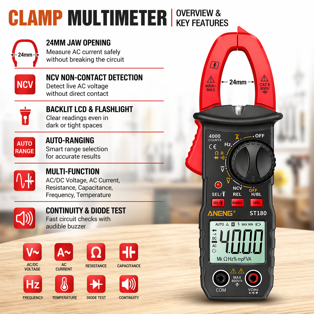 Smart Clamp Meter 4000 Counts 24mm Jaw Digital Multimeter Tester