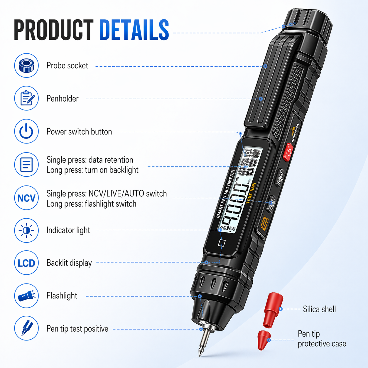 Smart Pen Multimeter NCV AC/DC Voltage Tester True RMS 600V