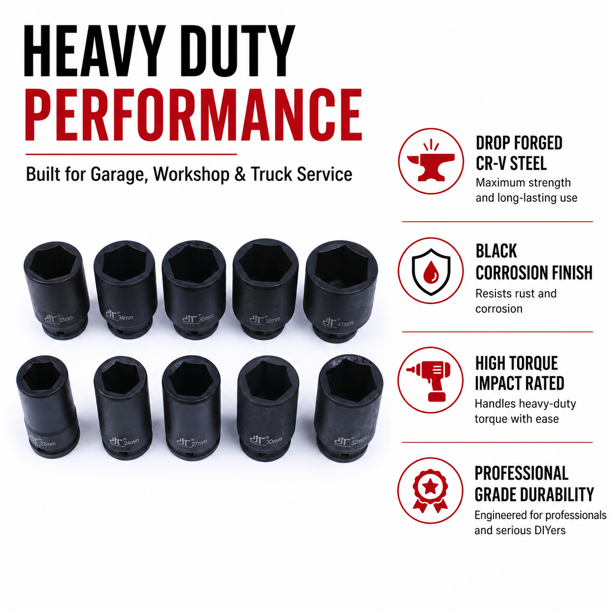 10Pcs 3/4'' Drive Deep Impact Socket Tool Set 80mm Length tool set 22-41mm