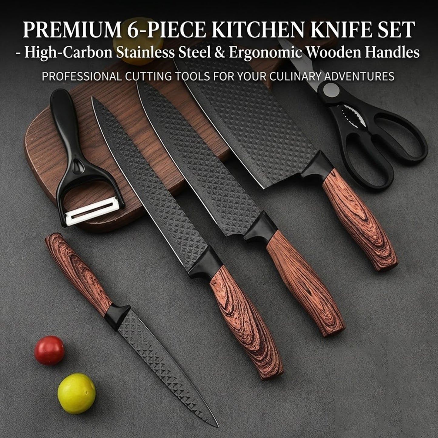 6 Pcs Kitchen Knife Set – High Carbon Steel, Ergonomic Handles, Cleaver & Shears