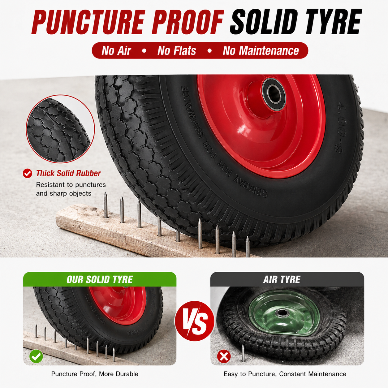 16" Wheelbarrow Trolley Wheel 4.80/4.00-8 Puncture Proof Solid Rubber Tyre