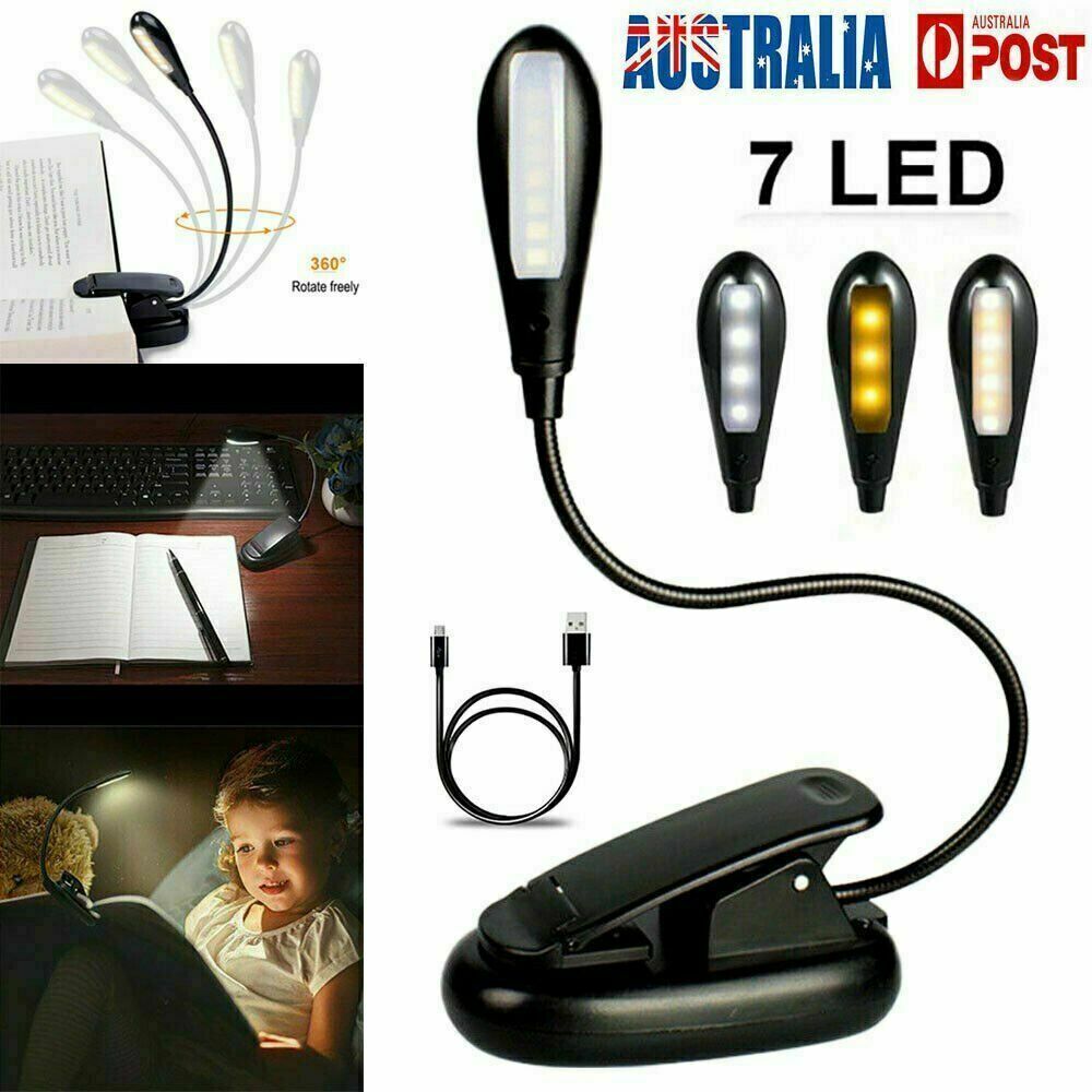 7 LED Reading Light USB Rechargeable Clip On Bed Book Reading Lamp Stand Light