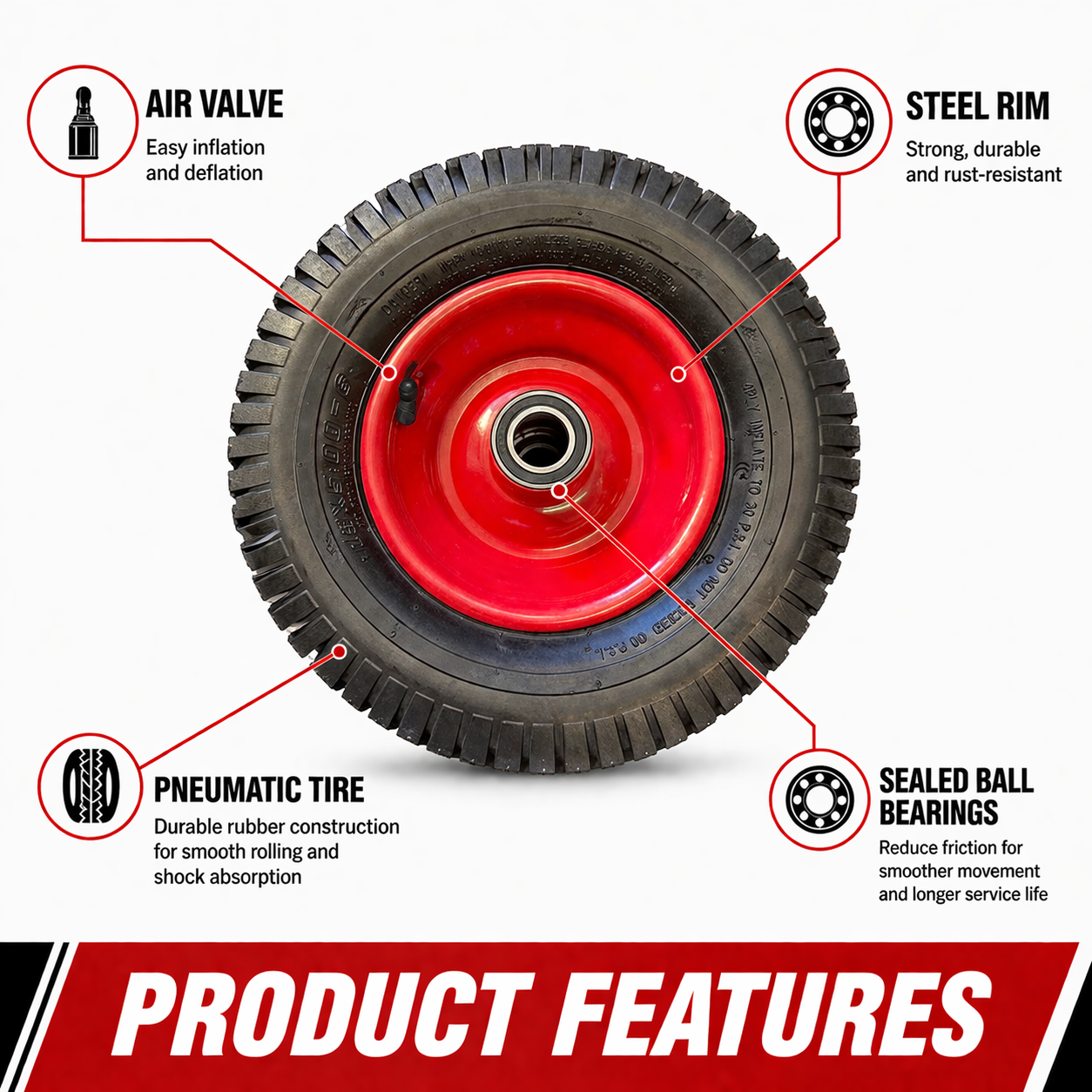 13" Wheelbarrow Trolley Wheel 5.00-6 Pneumatic Tyre 25.4mm Bore Tire Steel Rim