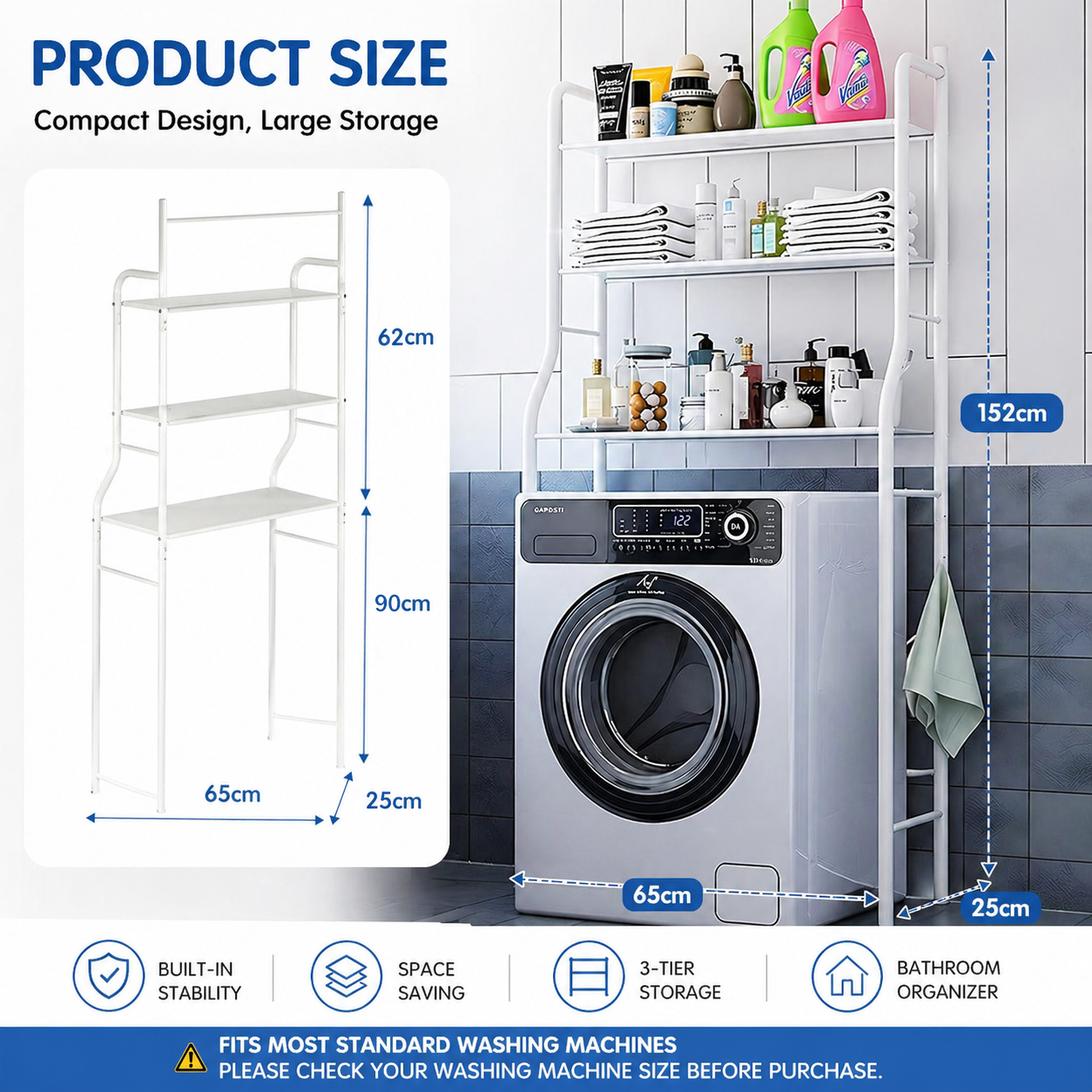 3 Tier Over Washing Machine Storage - Bathroom Laundry Toilet Shelf