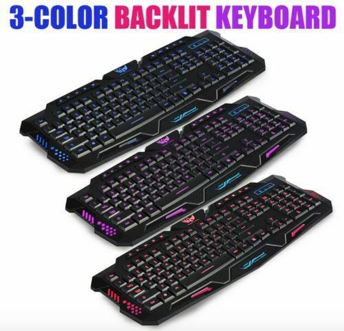 Gaming Keyboard 3 Colour Led Back-light Wired USB Illuminated Cool Ergonomic PC