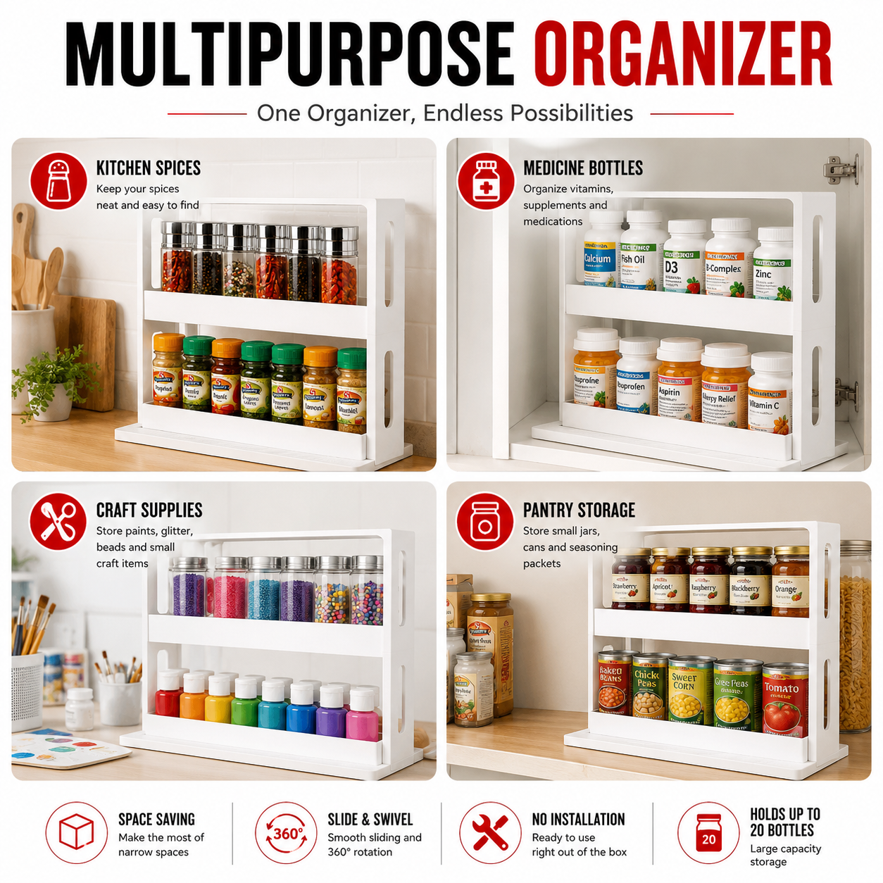 Slide Out Spice Rack Organizer Kitchen Cabinet Swivel Storage Holder