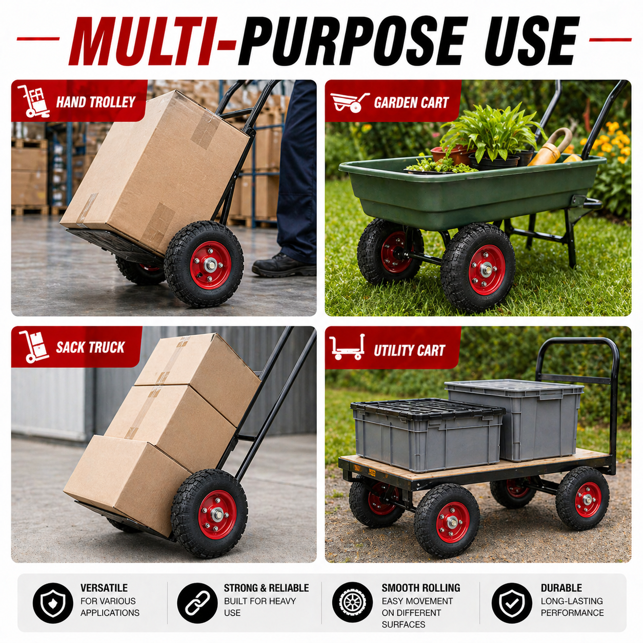 2 x 10" Hand Trolley Wheel puncture proof 3.50-4 Tube Heavy Duty 16mm
