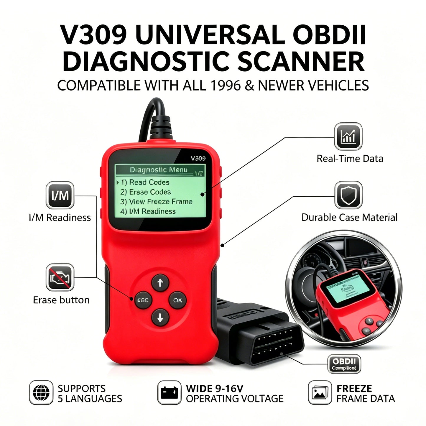 V309 OBD2 Scanner Car Engine Code Reader Diagnostic Tool Check Engine Light