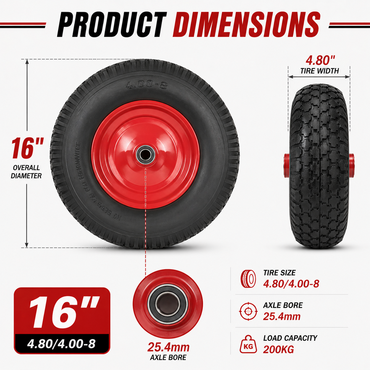 16" Wheelbarrow Trolley Wheel 4.80/4.00-8 Puncture Proof Solid Rubber Tyre