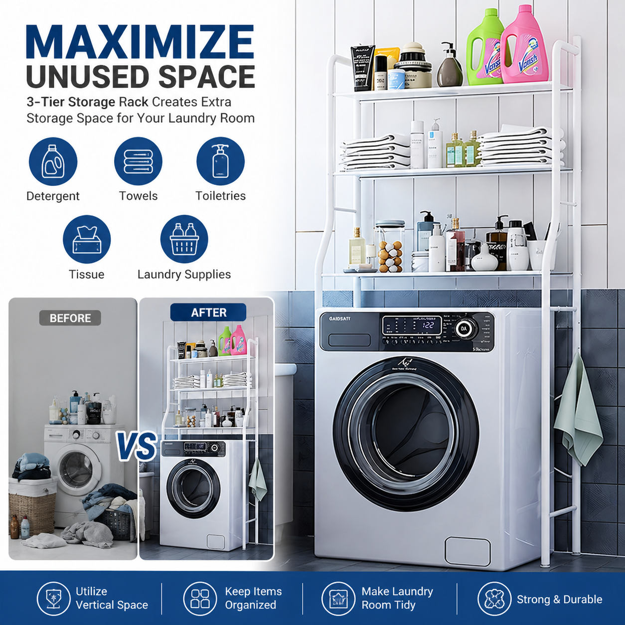 3 Tier Over Washing Machine Storage - Bathroom Laundry Toilet Shelf