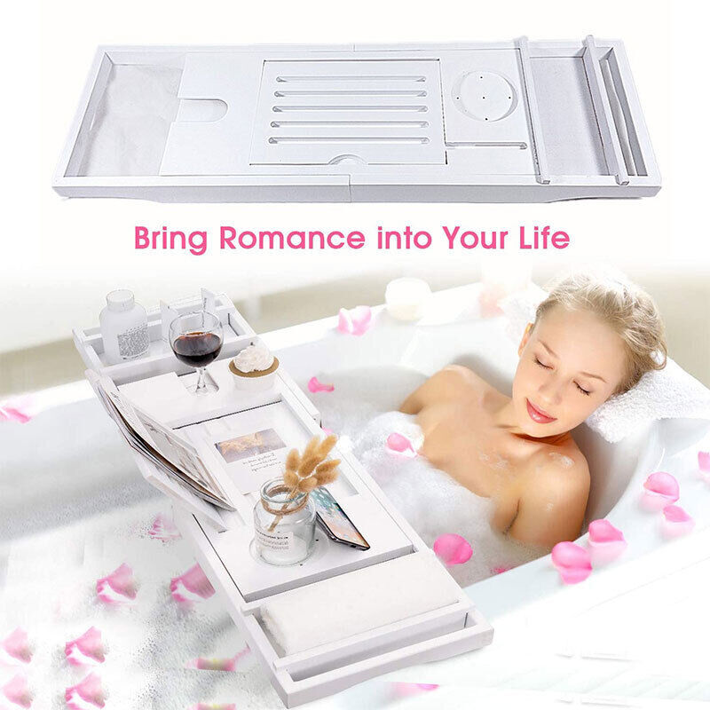 Expandable Bathtub Caddy Tray Bamboo Bath Table Over Tub with Wine & Book Holder