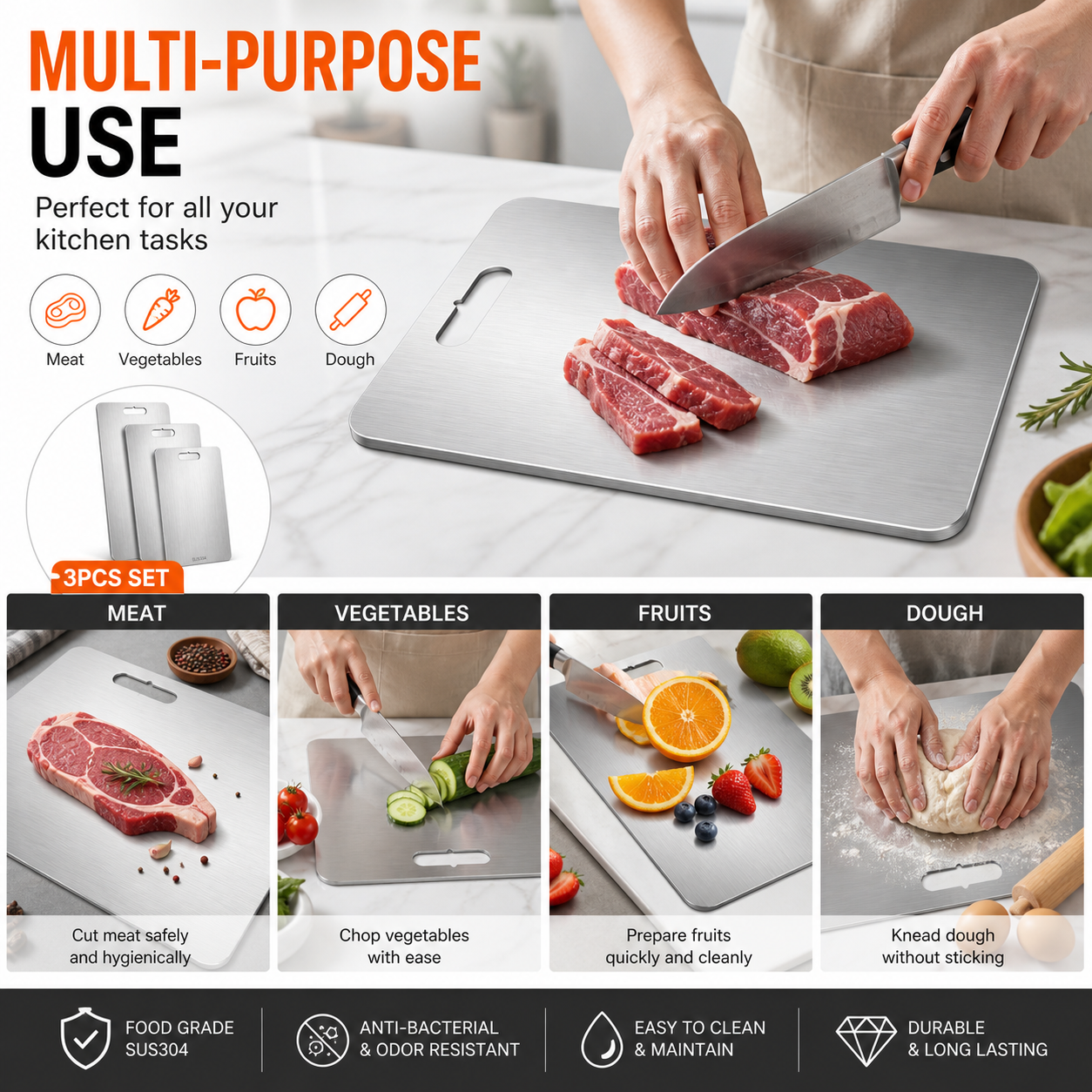 3PCS Metal Cutting Board Set Double Sided Kitchen Chopping Boards