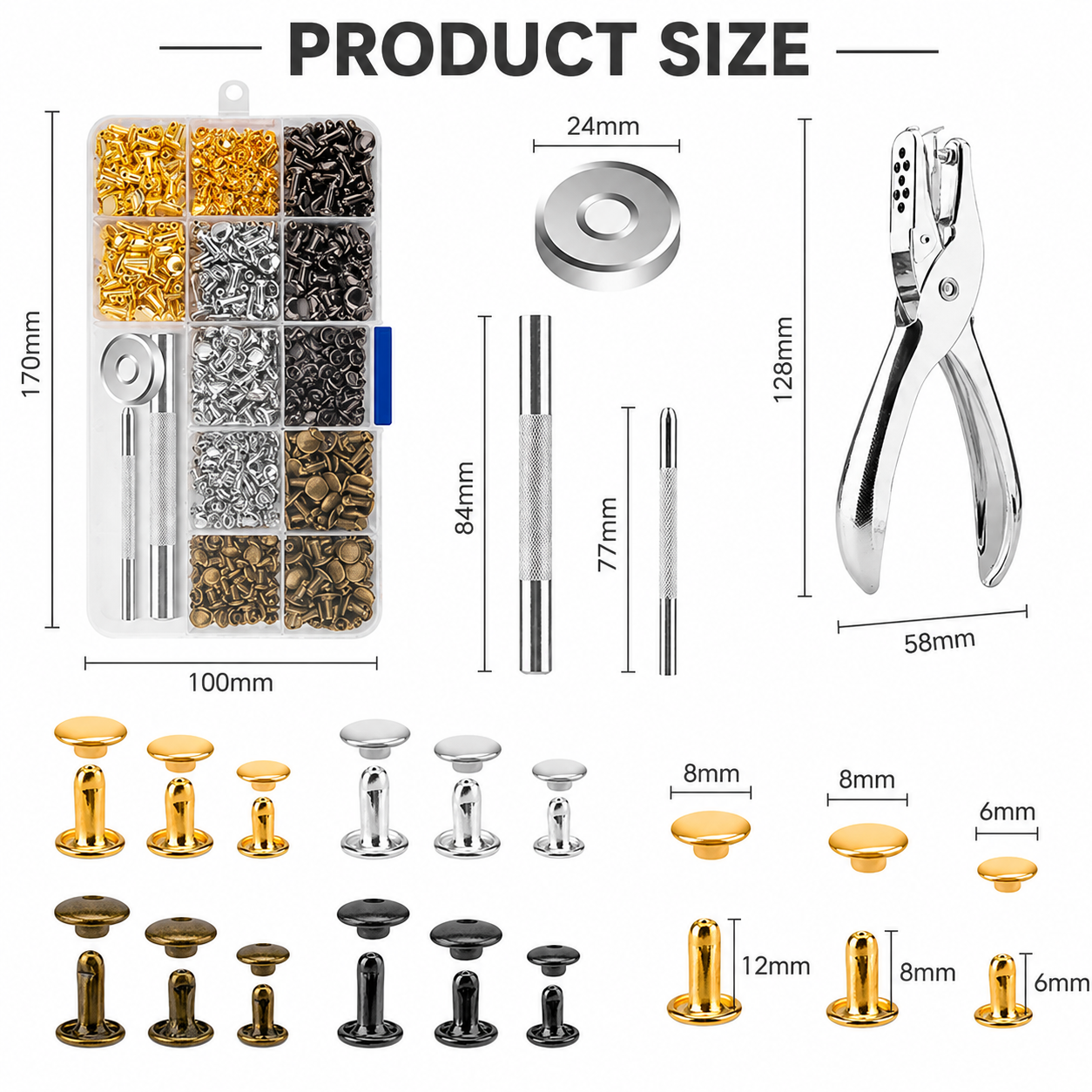 484PCS Double Cap Leather Rivet Kit Metal Studs Punch Tool Set DIY