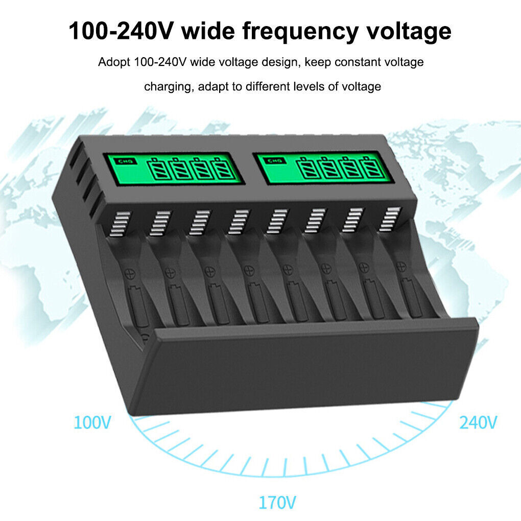 8 Slot Smart Battery Charger for AA/AAA Rechargeable Batteries LCD Display AU