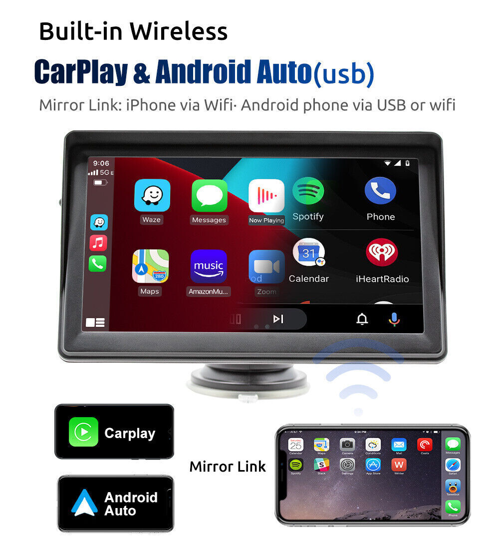 7" Portable Wireless for Apple Carplay Android auto Car Stereo Radio Bluetooth