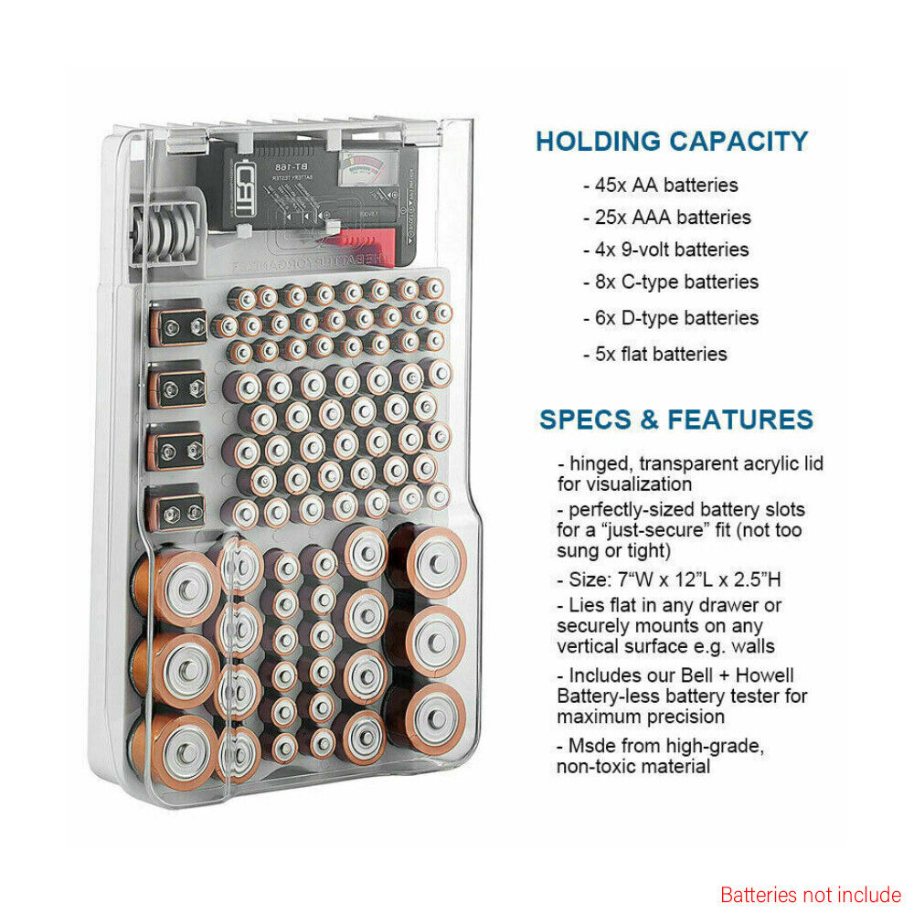 93 Slot Battery Storage Organizer Holder with Tester-Battery Caddy Rack Case Box