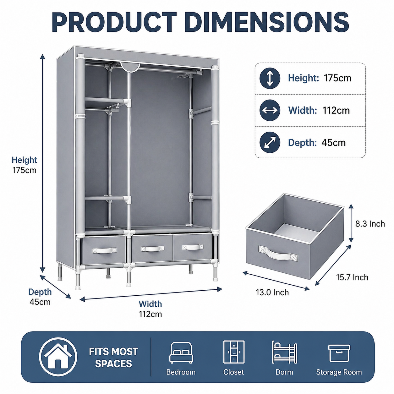 Rolling Door Wardrobe with Hanging Rack Non-woven Fabric Storage Organizer