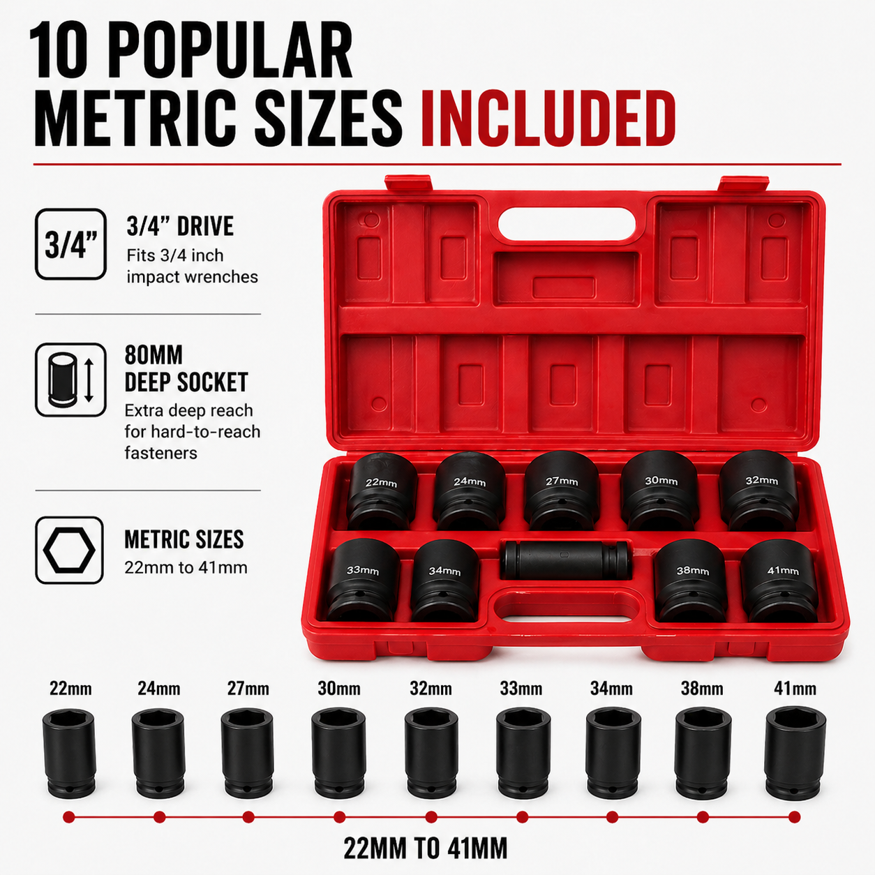 10Pcs 3/4'' Drive Deep Impact Socket Tool Set 80mm Length tool set 22-41mm