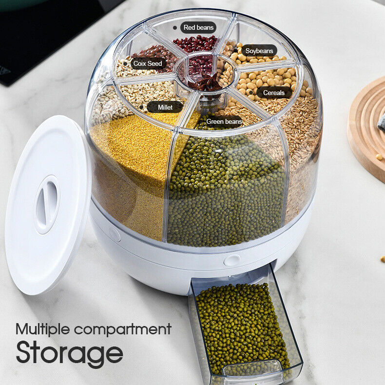 6 in 1 Rotating Grain Container Cereal Dispenser 10kg Dry Food Rice Storage Box