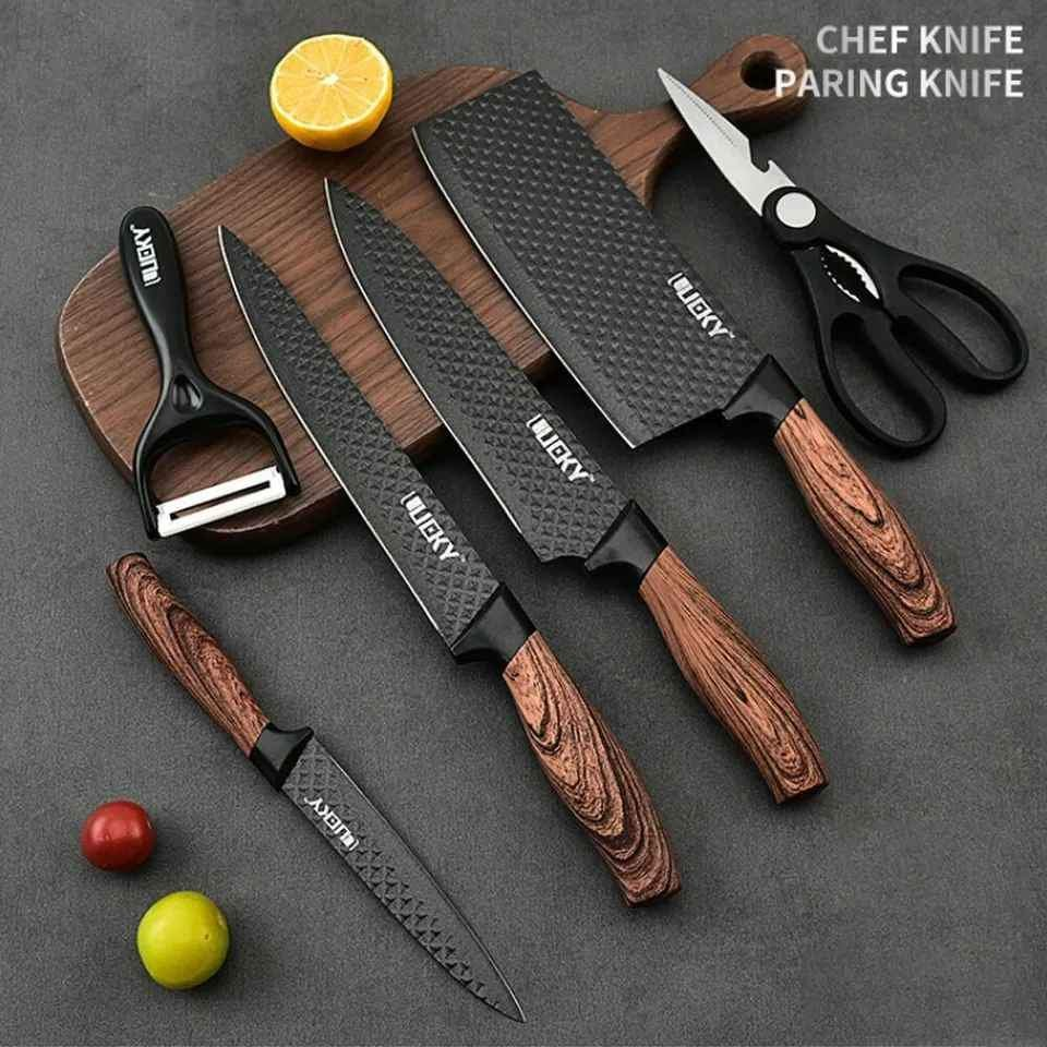 6 PCS Chef's Knife Set Stainless Steel Cleaver Scissors Peeler Kitchen Knives