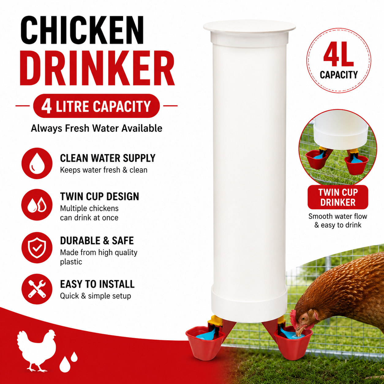 Automatic Poultry Feeder & Water Drinker Set Chicken Coop 3KG 4L
