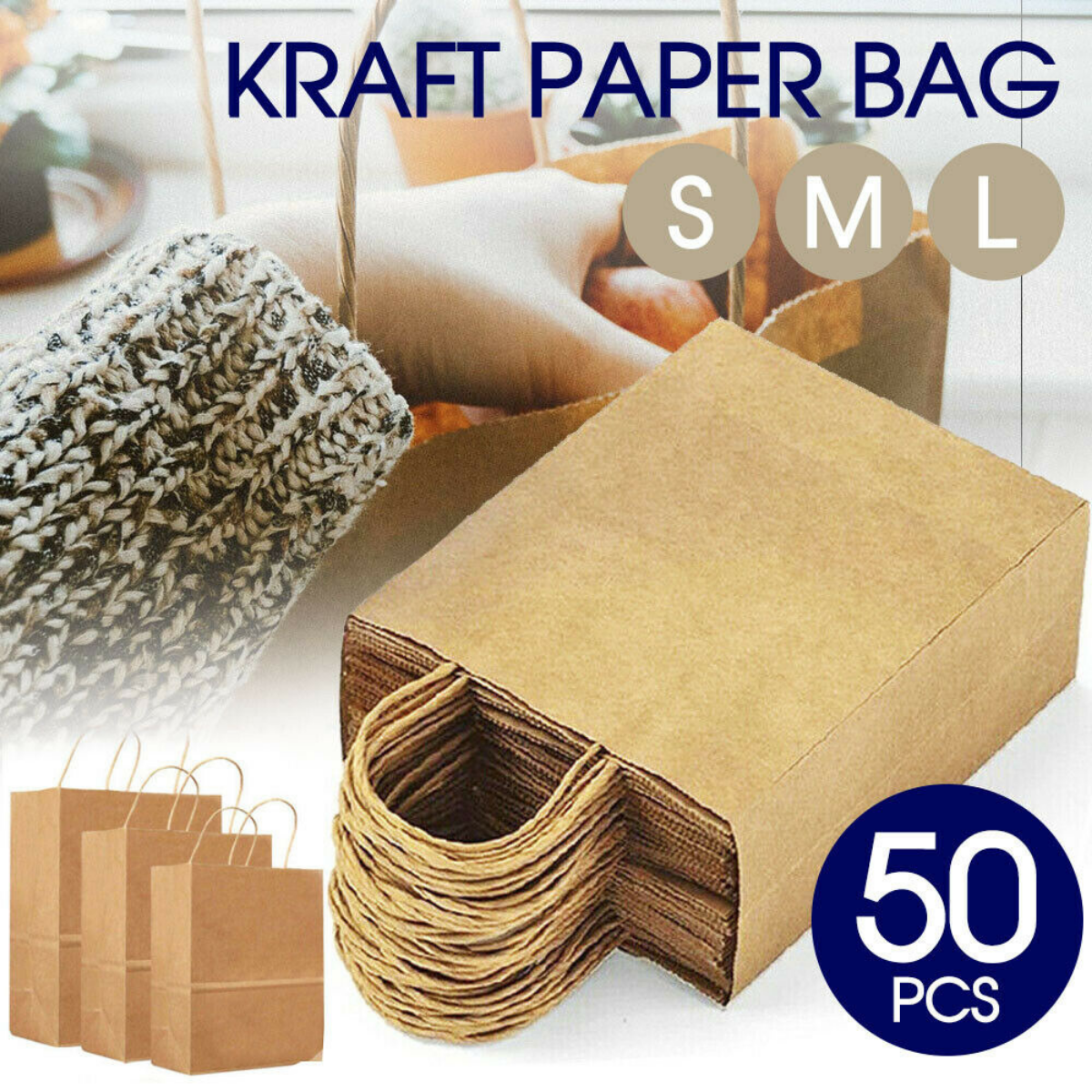 50pcs Bulk Kraft Paper Bags Gift Shopping Carry Craft Brown Bag with Handles AU