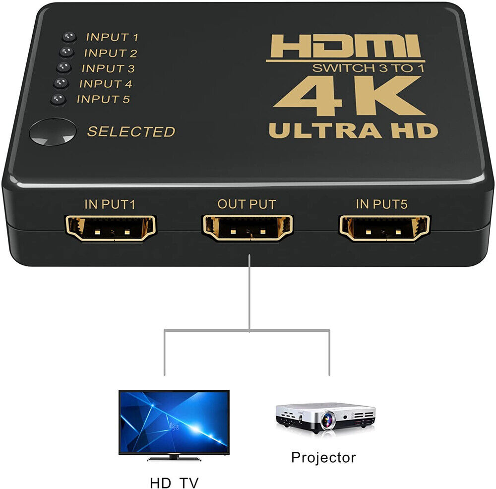 4K Ultra HD HDMI Switch Splitter HDTV Auto 5 Port IN 1 OUT Remote Control 1080P