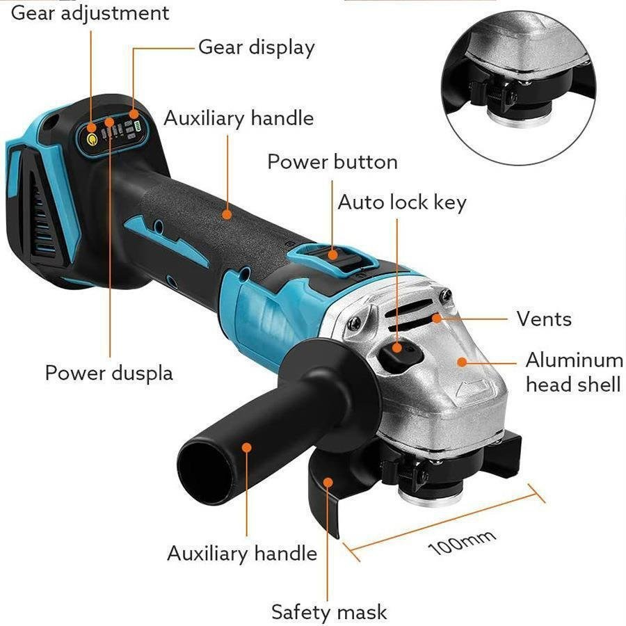 Brushless Cordless 125mm 5'' Angle Grinder Battery Charger Tool For Makita