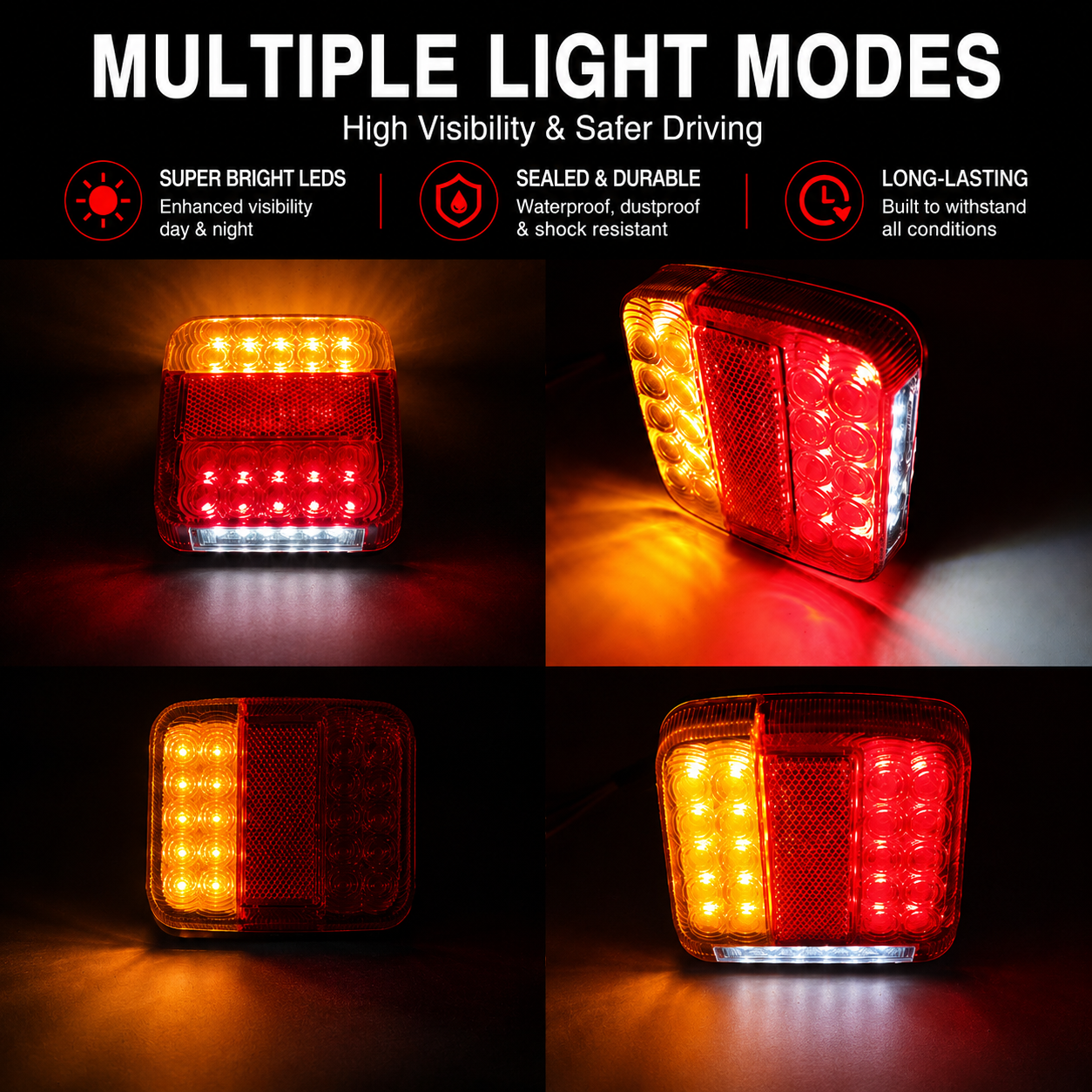 2x 12V Square LED Tail Lights Stop Reverse Indicator Trailer Boat Ute