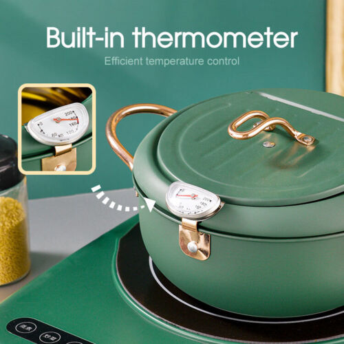 Japanese Deep Frying Pot with Thermometer Non-stick Tempura Fryer Pan 24m Green