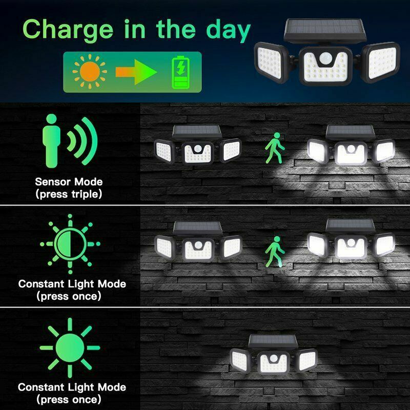 3 Head 100LEDs Solar Motion Sensor Light Outdoor Garden Wall Security Flood Lamp