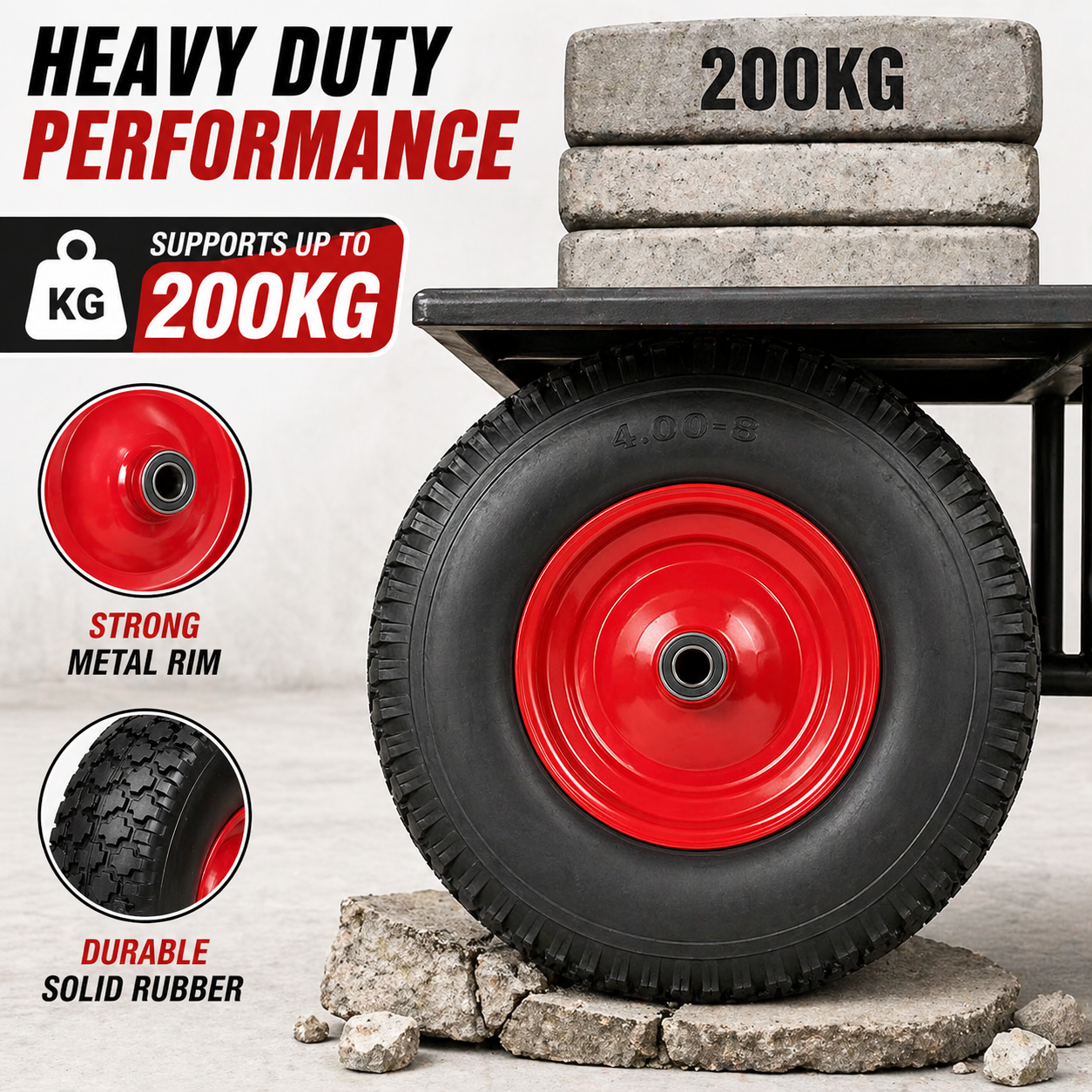 16" Wheelbarrow Trolley Wheel 4.80/4.00-8 Puncture Proof Solid Rubber Tyre