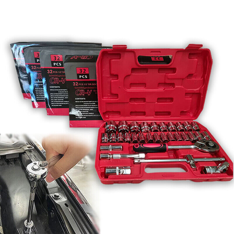 32Pcs CRV Socket Set 1/2in Ratchet Sleeve Wrench Quick Release Spanner Auto Re