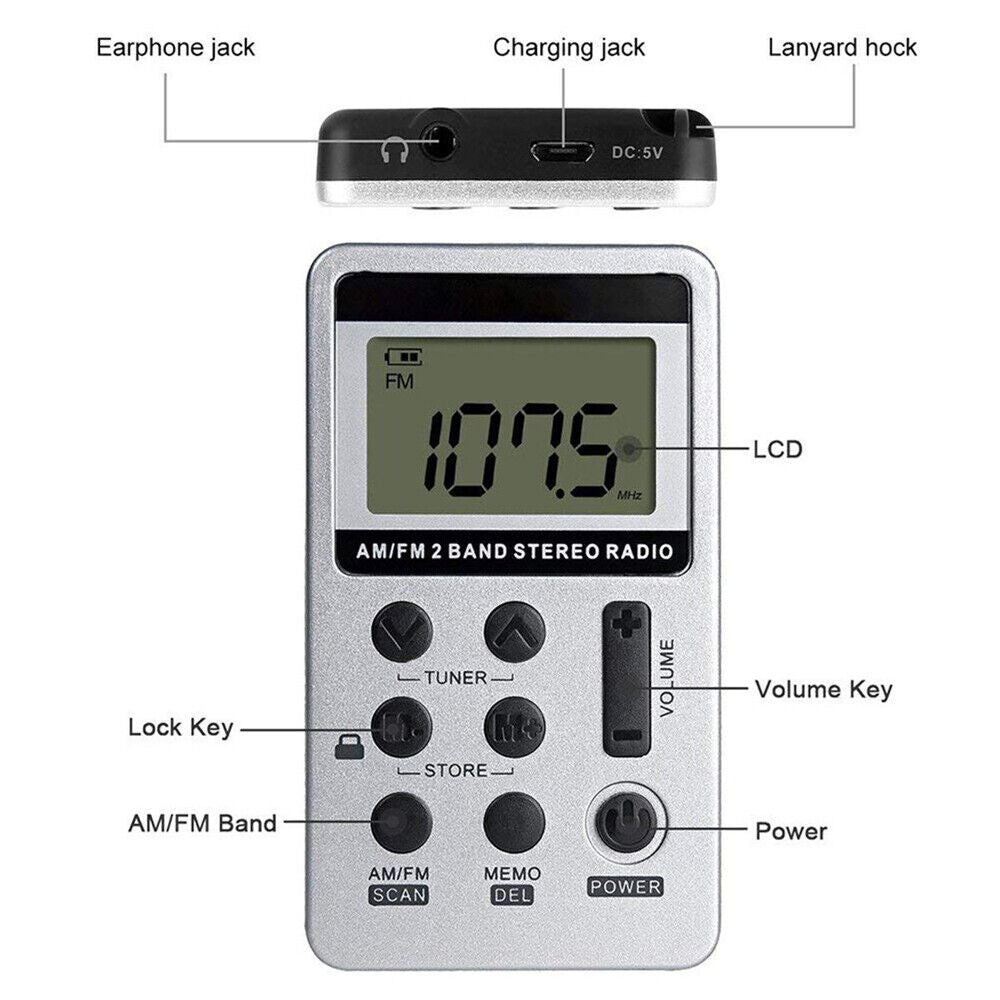FM/AM Mini Radio Pocket Receiver Portable Digital LCD Stereo Earphone Set USB AU