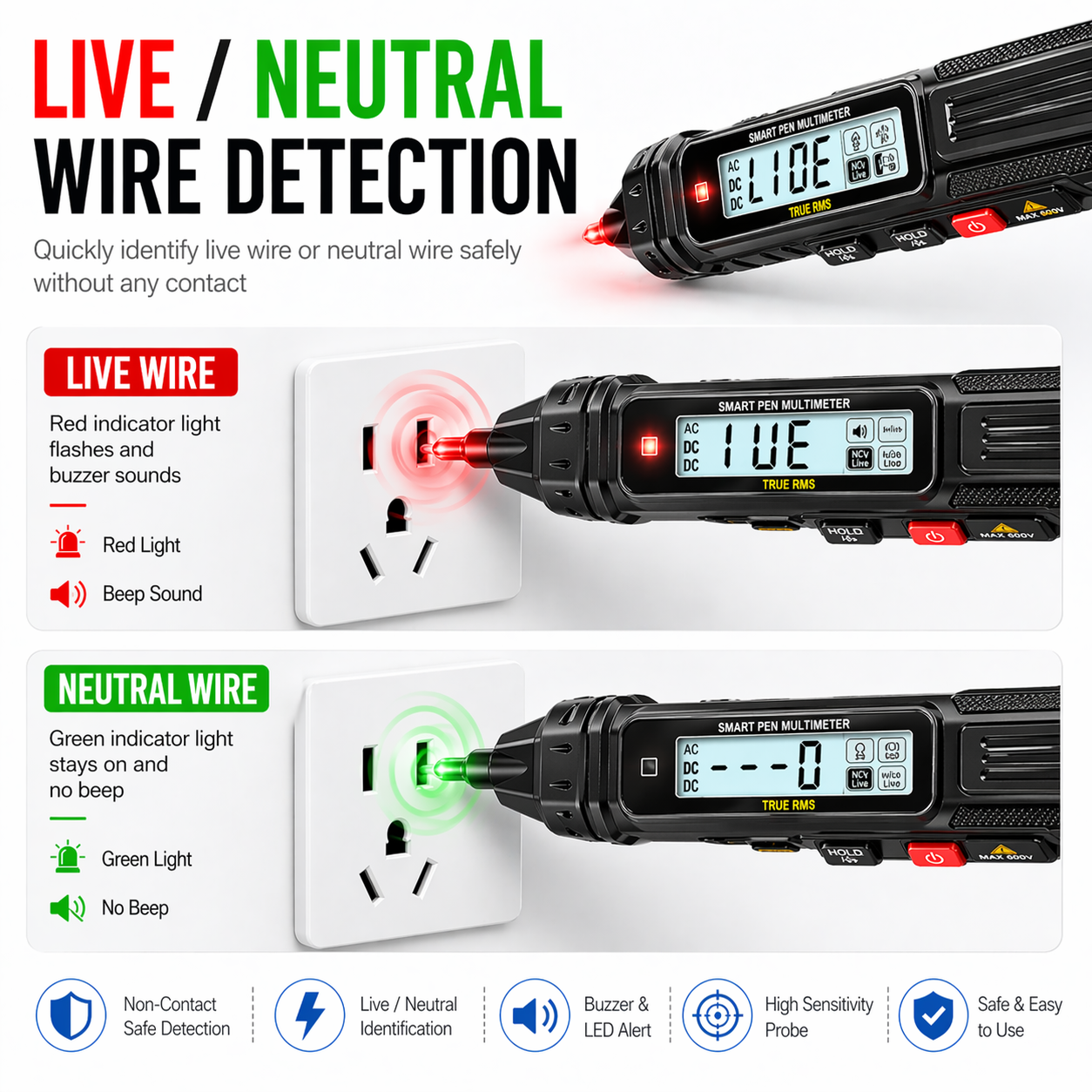 Smart Pen Multimeter NCV AC/DC Voltage Tester True RMS 600V
