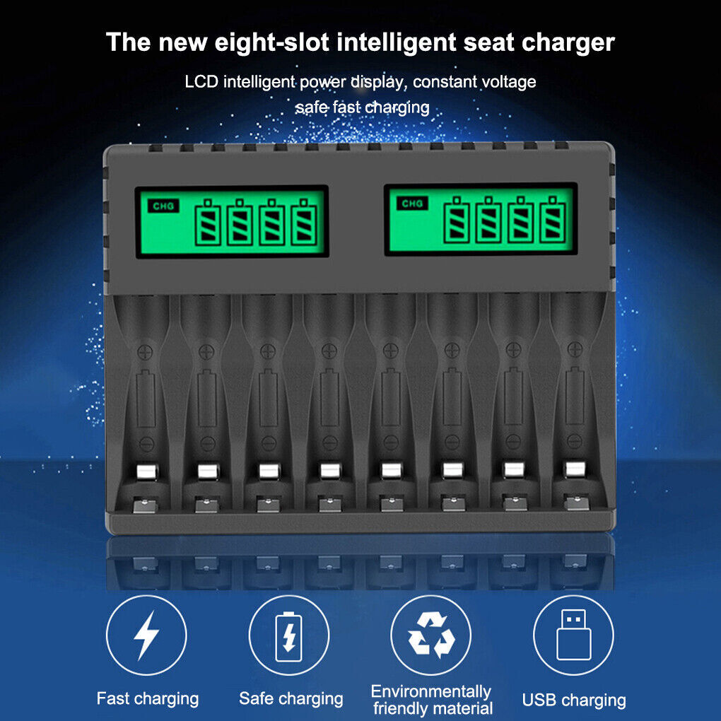 8 Slot Smart Battery Charger for AA/AAA Rechargeable Batteries LCD Display AU